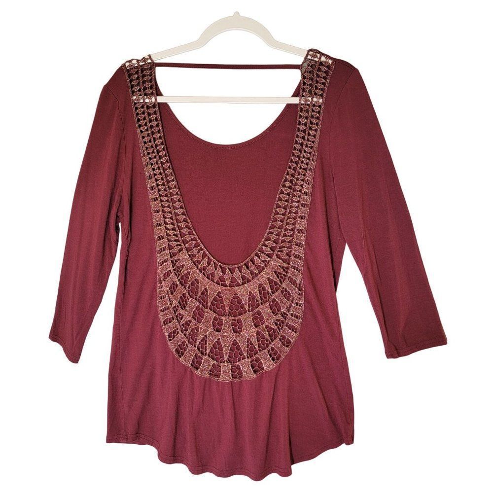 BKE Red Buckle Metallic Backless Top Womens S‎ Burgundy Drapy Long Sleeve